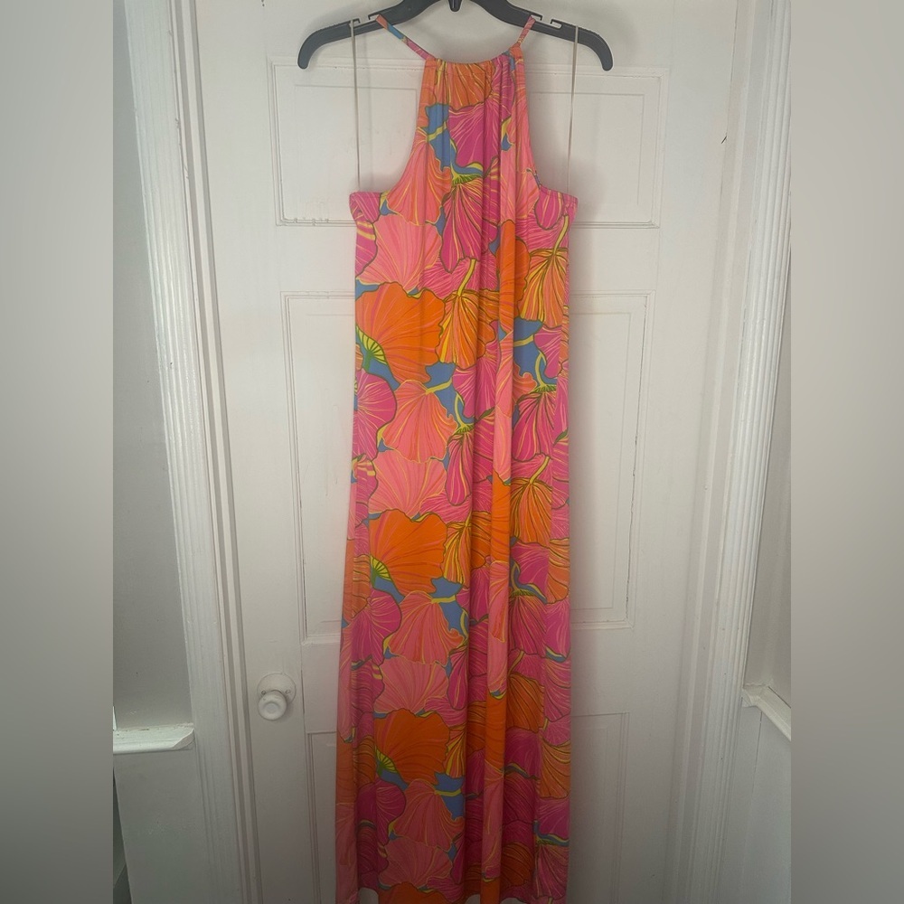 Trina Turk Tropical Floral Maxi Dress Pink Orange Blue Resort Summer Size Small - Picture 2 of 6